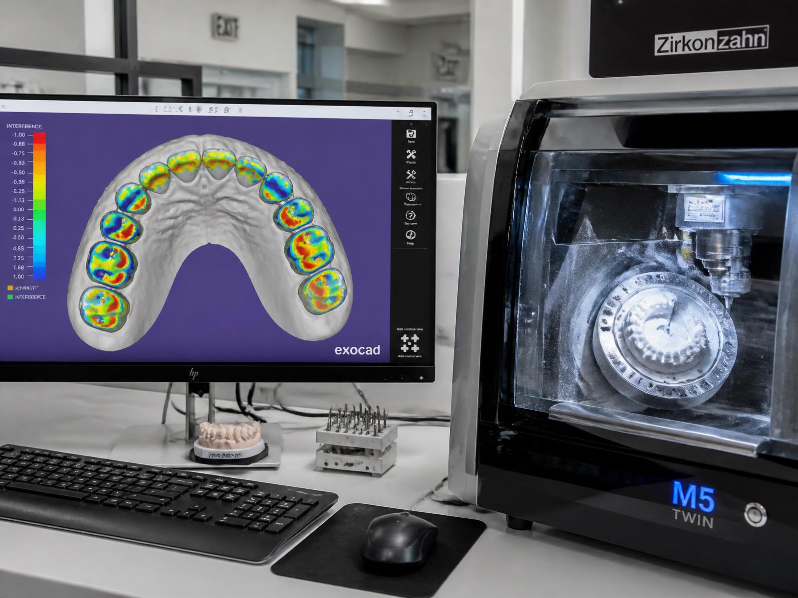 CAD monitor showing 3D scan next to a milling machine working on a dental model
